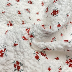 Cotone Goffrato Floreale, Bianco con Fiori Rossi
