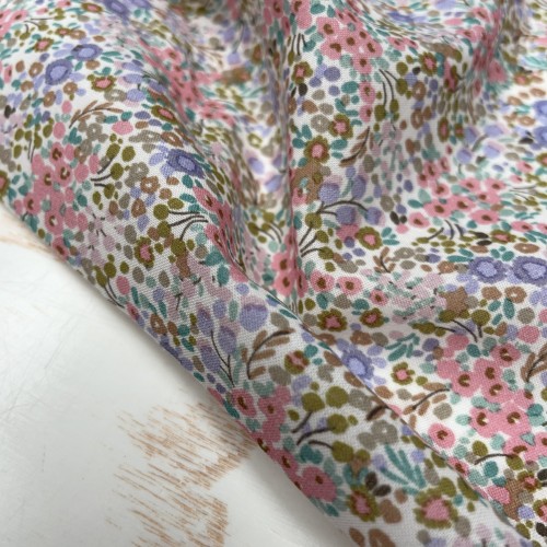 Voile di cotone Bio, Fiori Viola, Rosa e Verdi