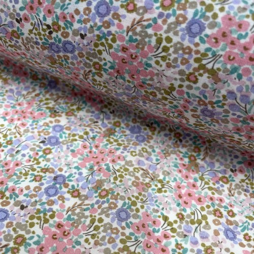 Voile di cotone Bio, Fiori Viola, Rosa e Verdi