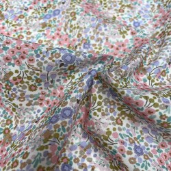 Voile di cotone Bio, Fiori Viola, Rosa e Verdi