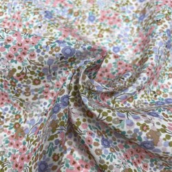 Voile di cotone Bio, Fiori Viola, Rosa e Verdi
