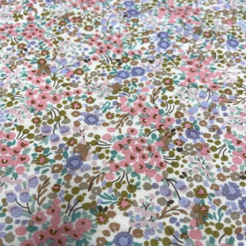 Voile di cotone Bio, Fiori Viola, Rosa e Verdi