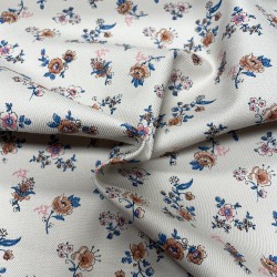 Flanella di cotone Bio, Sabbia, Fiori, Blu e Marrone