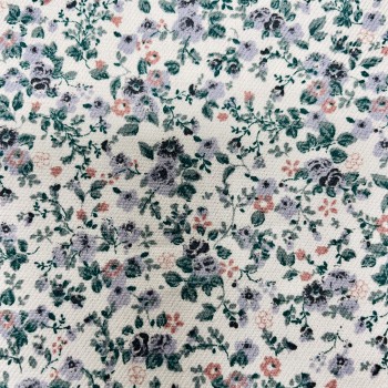 Flanella di cotone Bio, Bianco, Fiori Celesti e Rosa con...