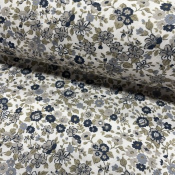 Flanella di cotone Bio, Fiori Blu e Grigi 2