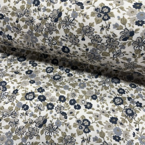 Flanella di cotone Bio, Fiori Blu e Grigi