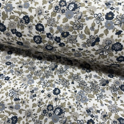 Flanella di cotone Bio, Fiori Blu e Grigi