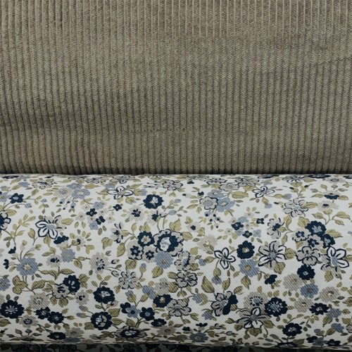 Flanella di cotone Bio, Fiori Blu e Grigi