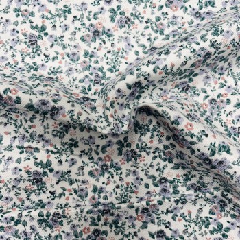 Flanella di cotone Bio, Bianco, Fiori Celesti e Rosa con... 2