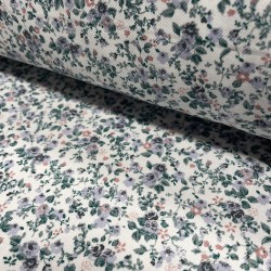 Flanella di cotone Bio, Bianco, Fiori Celesti e Rosa con foglie verdi