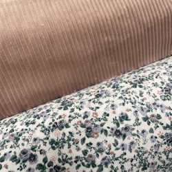 Flanella di cotone Bio, Bianco, Fiori Celesti e Rosa con foglie verdi