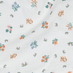 Mussola o Doppia Garza di Cotone, Bianco con Fiori arancioni