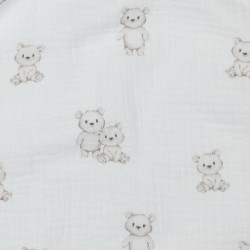 Mussola o Doppia Garza di Cotone, Bianco con Orsetti Beige