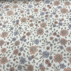 Voile di cotone Bio, Bianco con Fioriellini Rosa Antico e Celeste