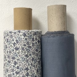 Voile di cotone Bio, Bianco con Fiori Celesti,Rosa e Gialli e Foglie Verdi