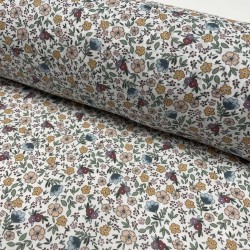Voile di cotone Bio, Bianco con Fiori Celesti,Rosa e Gialli e Foglie Verdi