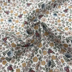 Voile di cotone Bio, Bianco con Fiori Celesti,Rosa e Gialli e Foglie Verdi