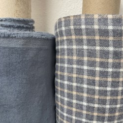 Flanella di cotone misto recycled, Blu Jeans con Quadri Blianchi e Beige
