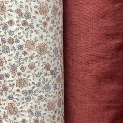 Voile di cotone Bio, Bianco con Fioriellini Rosa Antico e Celeste