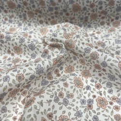 Voile di cotone Bio, Bianco con Fioriellini Rosa Antico e Celeste