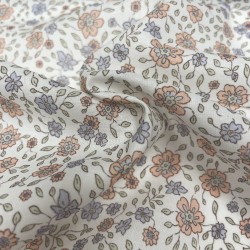 Voile di cotone Bio, Bianco con Fioriellini Rosa Antico e Celeste