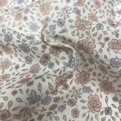 Voile di cotone Bio, Bianco con Fioriellini Rosa Antico e Celeste
