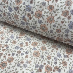 Voile di cotone Bio, Bianco con Fioriellini Rosa Antico e Celeste