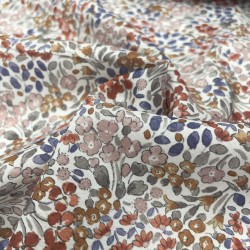 Voile di cotone Bio, Bianco con Fioriellini Rossi, Blu e Rosa