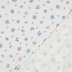 Mussola o Doppia Garza di Cotone, Bianco con Fiori arancioni