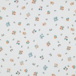 Mussola o Doppia Garza di Cotone, Bianco con Fiori arancioni