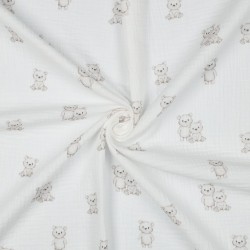 Mussola o Doppia Garza di Cotone, Bianco con Orsetti Beige
