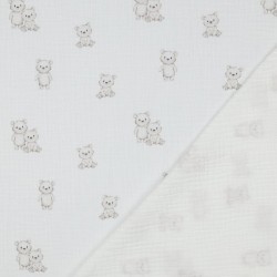 Mussola o Doppia Garza di Cotone, Bianco con Orsetti Beige