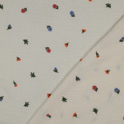 Mussola o Doppia Garza di Cotone, Beige Natural con Fiori colorati