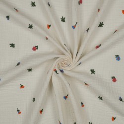 Mussola o Doppia Garza di Cotone, Beige Natural con Fiori colorati