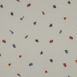 Mussola o Doppia Garza di Cotone, Beige Natural con Fiori colorati