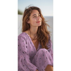 Mussola o Doppia Garza di Cotone, Beige Natural con Fiori colorati