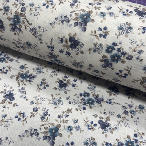 Flanella di cotone Bio, Bianco , Fiori Blu e Viola