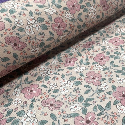 Flanella di cotone Bio, Rosa , Fiori Rosa e Verdi