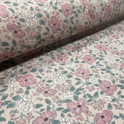 Flanella di cotone Bio, Rosa , Fiori Rosa e Verdi