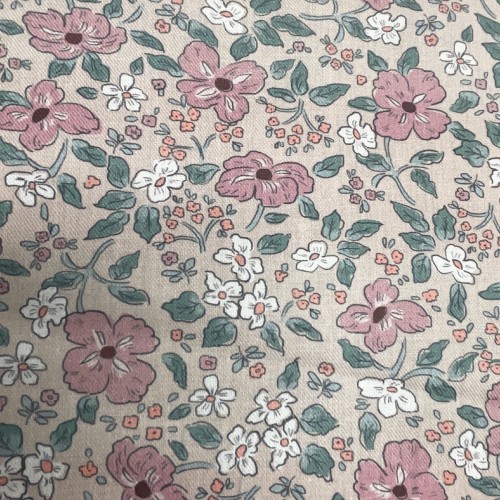 Flanella di cotone Bio, Rosa , Fiori Rosa e Verdi
