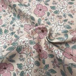 Flanella di cotone Bio, Rosa , Fiori Rosa e Verdi