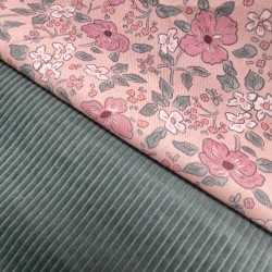 Flanella di cotone Bio, Rosa , Fiori Rosa e Verdi