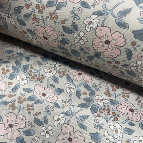 Flanella di cotone Bio sottile, Beige, Fiori Rosa