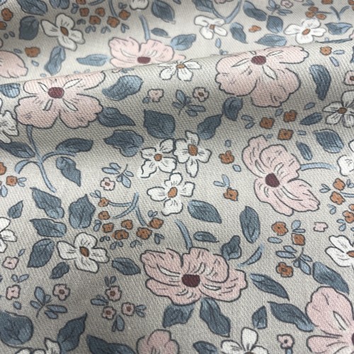 Flanella di cotone Bio sottile, Beige, Fiori Rosa