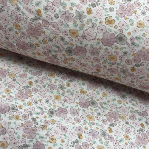Flanella di cotone Bio, Bianco , Fiori Rosa