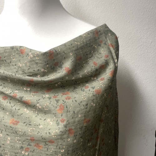 Cotone Bio, Verde con Fiorellini Ruggine