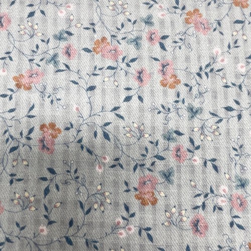 Cotone Bio, Grigio chiaro con Fiorellini Ruggine