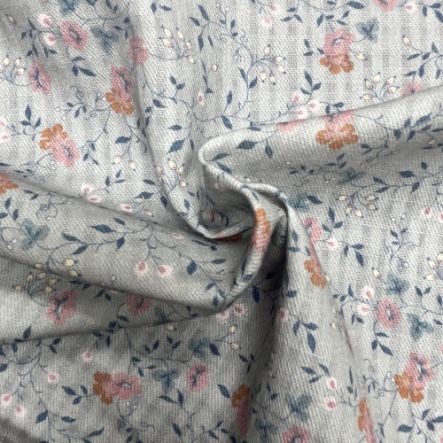 Cotone Bio, Grigio chiaro con Fiorellini Ruggine