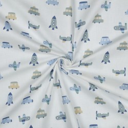 Cotone Popeline, Bianco e Celeste , Auto e Razzi