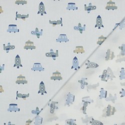 Cotone Popeline, Bianco e Celeste , Auto e Razzi